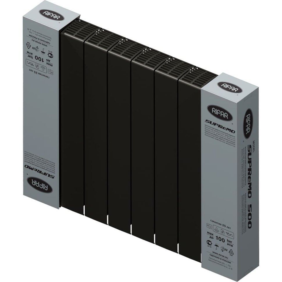 Биметаллический радиатор отопления Rifar Supremo 500 боковое подключение 8 секций антрацит