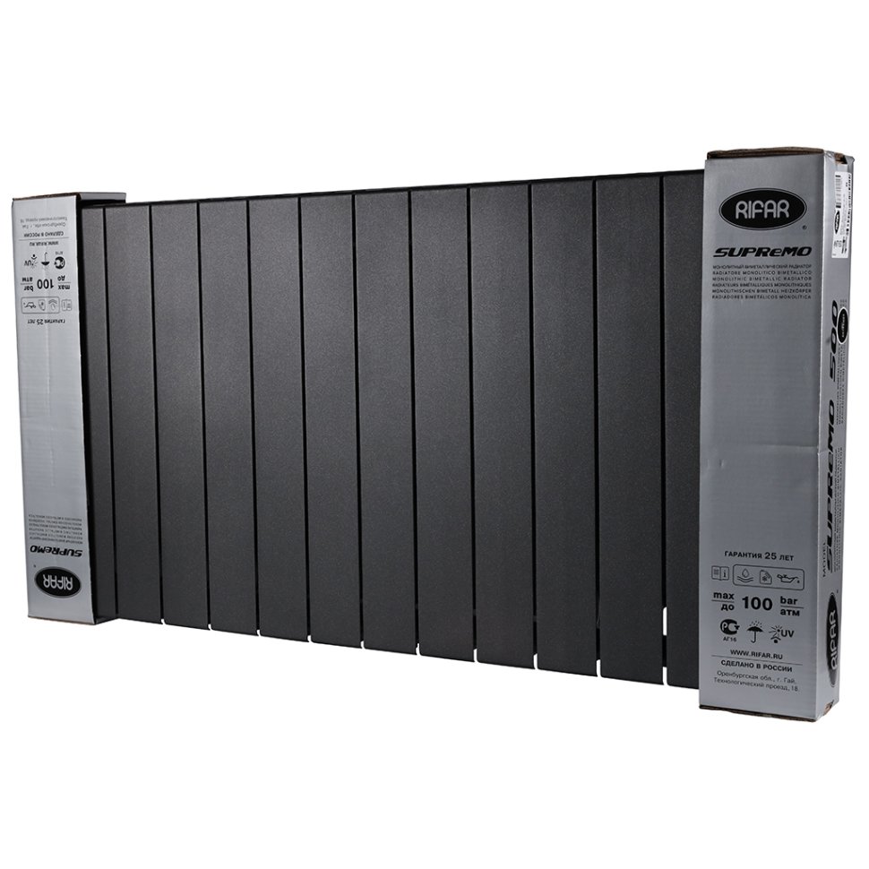 Биметаллический радиатор отопления Rifar Supremo Ventil SVR 500 14 секций нижнее правое подключение антрацит
