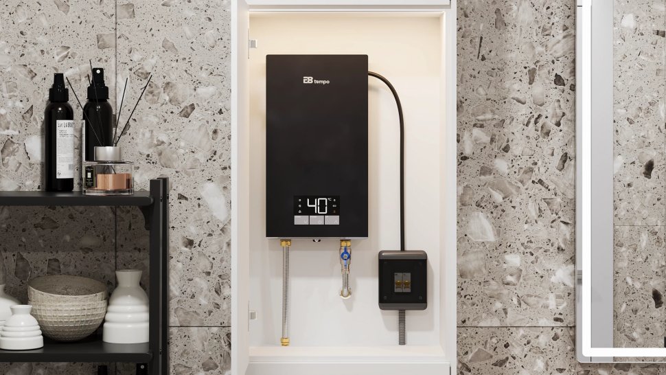 Проточный электрический водонагреватель E8 tempo RC70 серая стеклянная панель