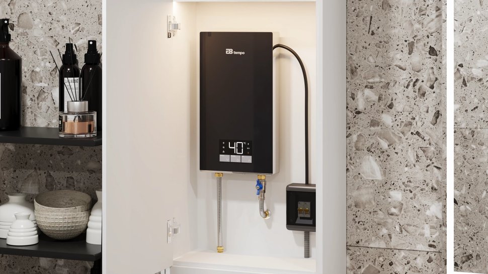 Проточный электрический водонагреватель E8 tempo RC70 серая стеклянная панель